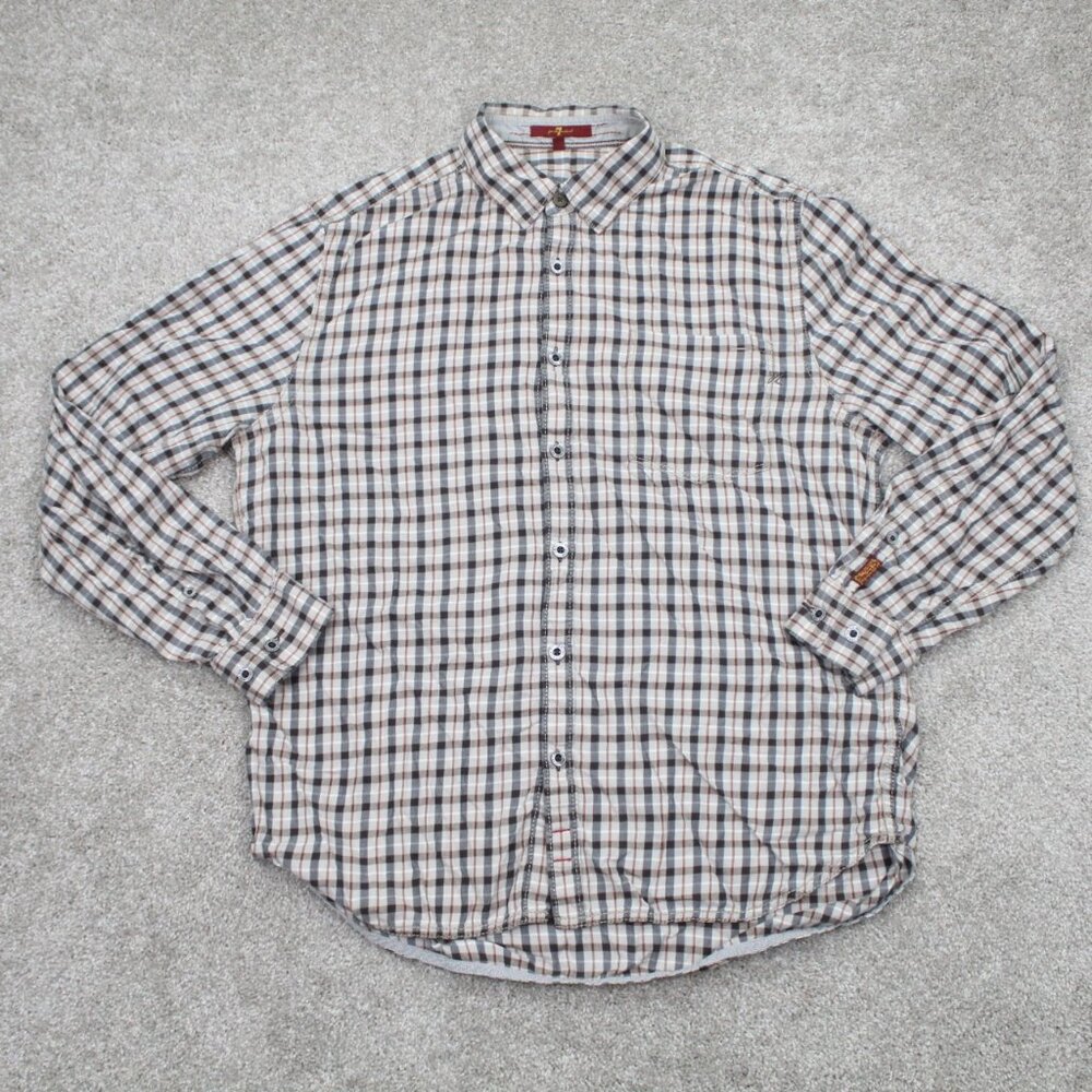7 For All Mankind Shirt Mens Large Brown/Gray Plaid Cotton Long Sleeve Button Up